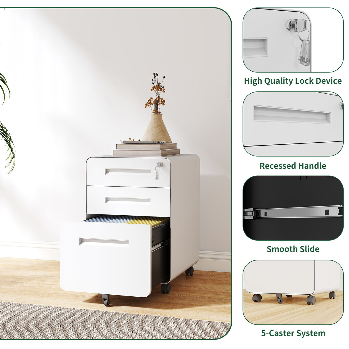 3-Drawer Mobile File Cabinet With Lock, On Casters, Holds A4/Letter Files