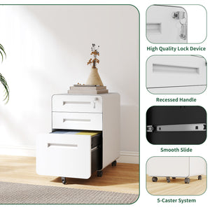 3-Drawer Mobile File Cabinet With Lock, On Casters, Holds A4/Letter Files