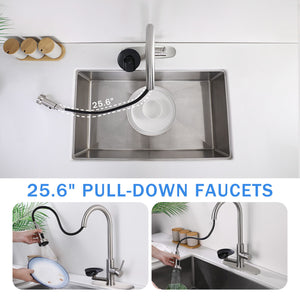 3 In 1 Kitchen Faucet With Press Type Glass Rinser, High Arc Pull Down Sprayer
