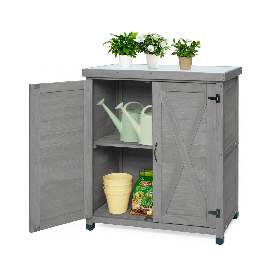 Potting Bench with Storage Cabinet and Metal Table Top