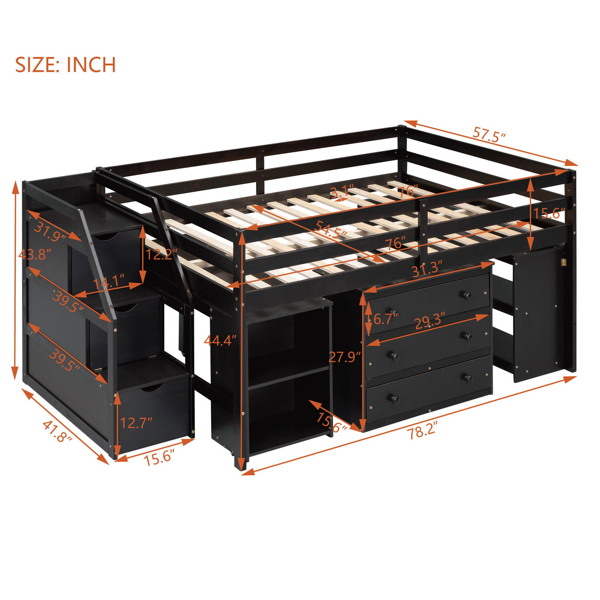 Loft Bed With Retractable Writing Desk And 3 Drawers With Storage Stairs And Shelves