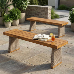 Outdoor Acacia Wood Bench Set of 2 with Teak Finish