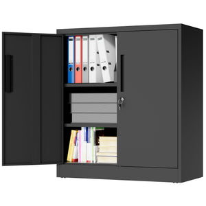 Heavy Duty Storage Cabinet With Lock, 2 Door File Cabinet With 2 Adjustable Shelves - Black