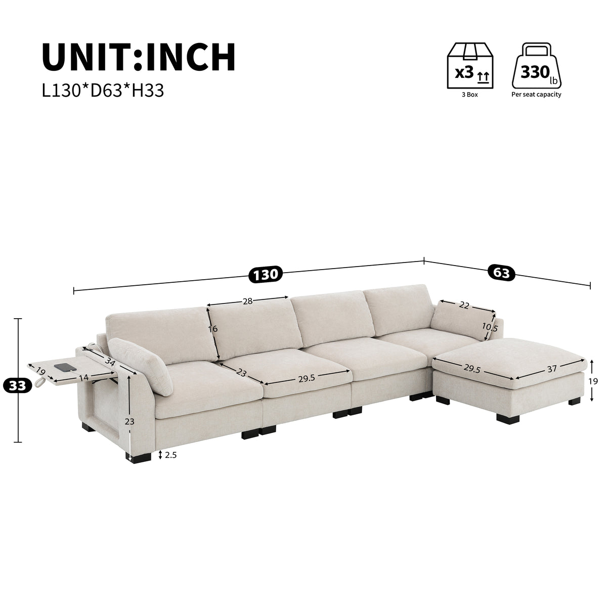 130" Modular Sectional Sofa