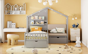 House Bed With Upholstered Sofa, Wireless Charging Station, Shelves And 2 Drawers