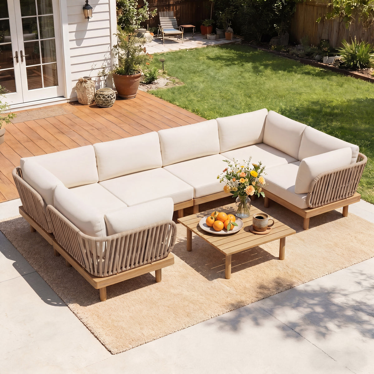 7-Piece Acacia Wood Outdoor Sectional Sofa Set with Rope Back