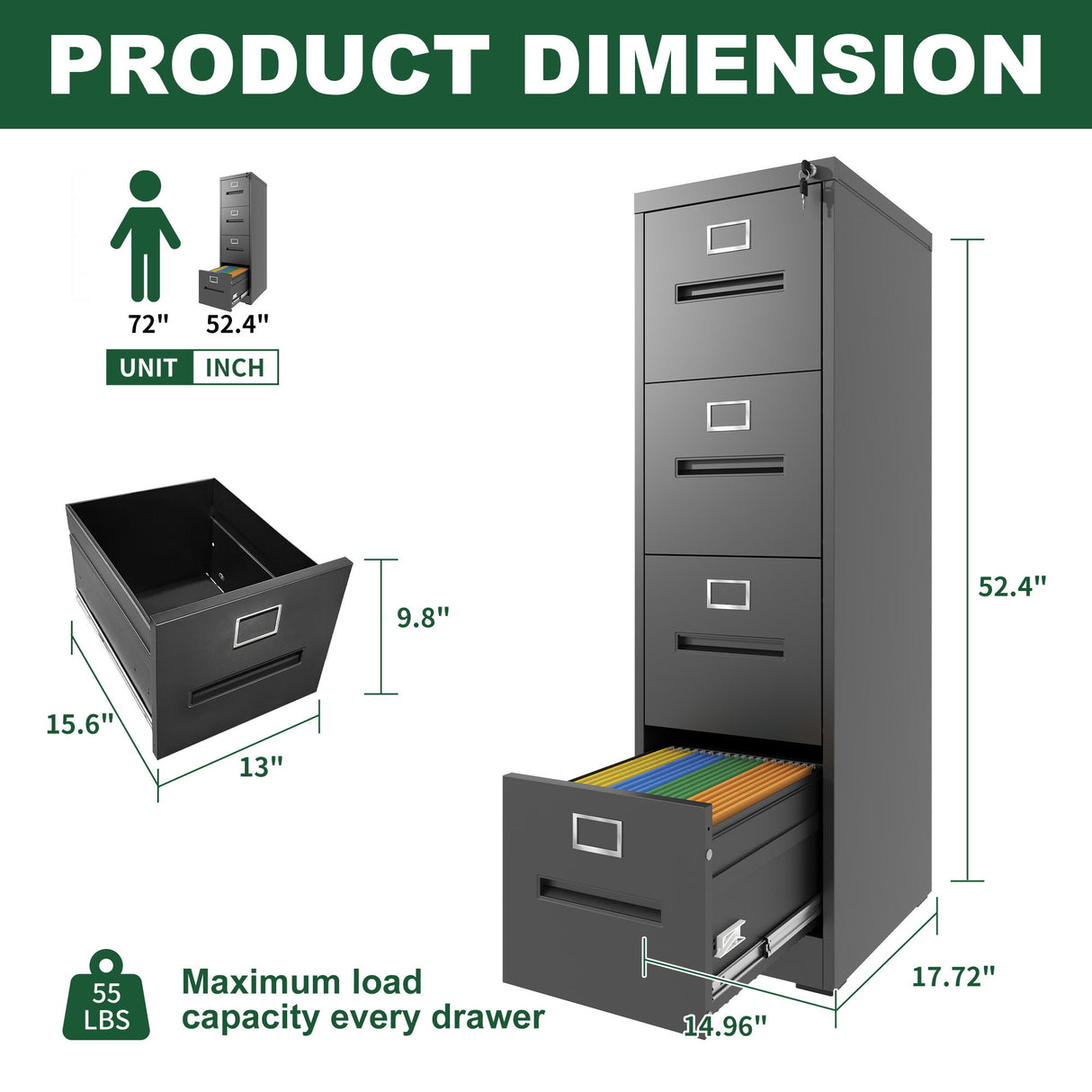 Premium Drawer File Cabinet With Lock, Metal Vertical Design, A4 Legal / Letter Size