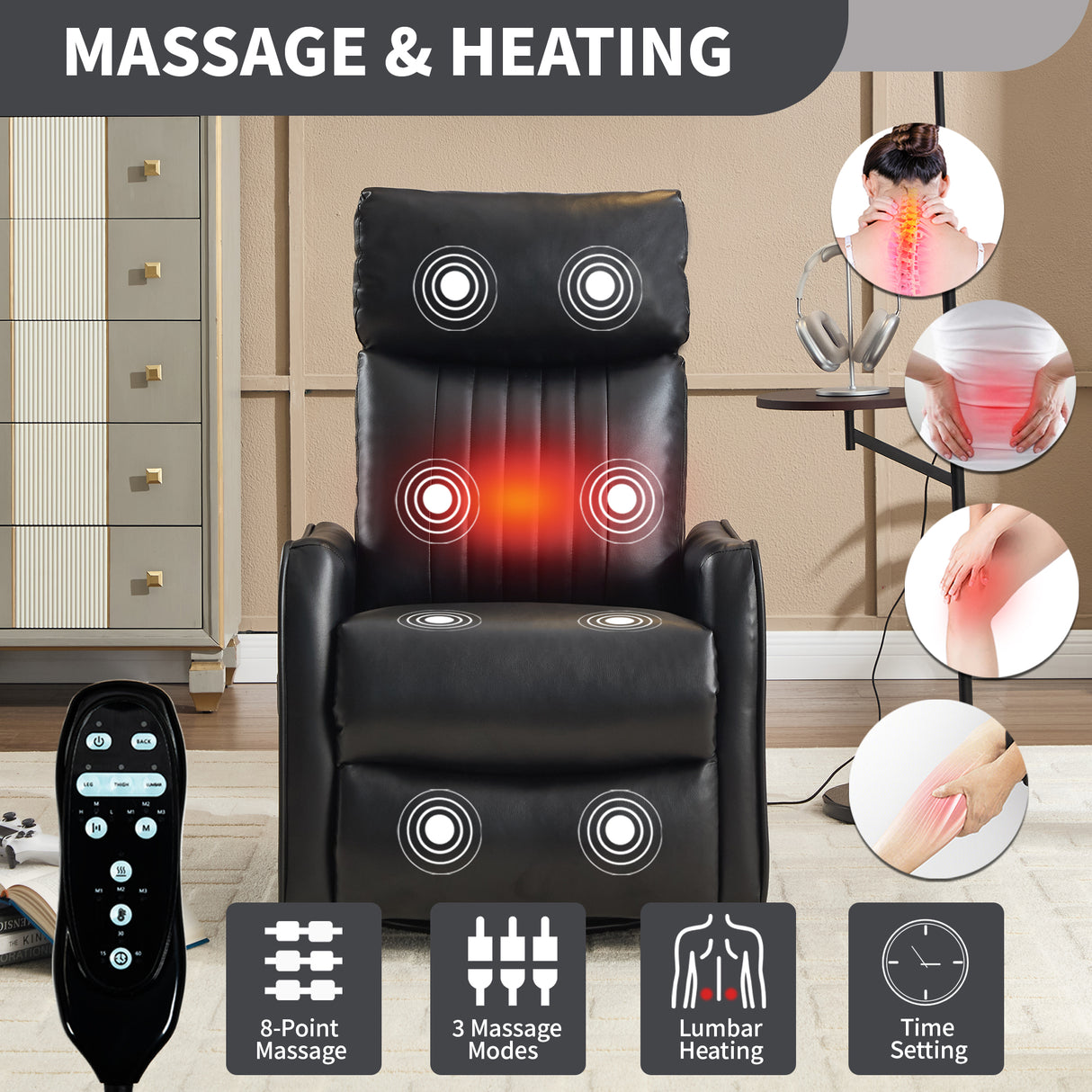 Black Faux Leather Heat Massage Manual Recliner Chair