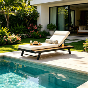 Black Iron and Teak Finish Outdoor Chaise Lounge Set