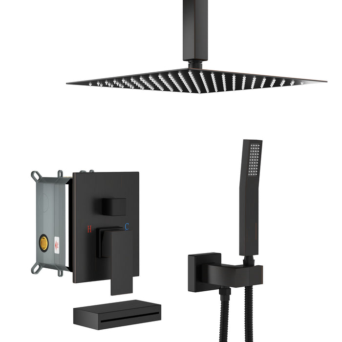 Oil-Rubbed Bronze Shower System with Waterfall Tub Spout and 12" Rain Shower Head