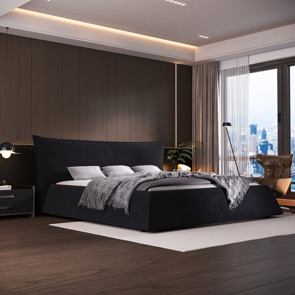Upholstered Platform Bed With Special Shaped Headboard
