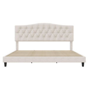 King Upholstered Platform Bed With Curved Adjustable Headboard And Diamond Tufted Details, No Box Spring Needed - Beige
