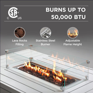 Rectangular Propane Fire Pit Table With Burner, Lava Rock, Waterproof Cover