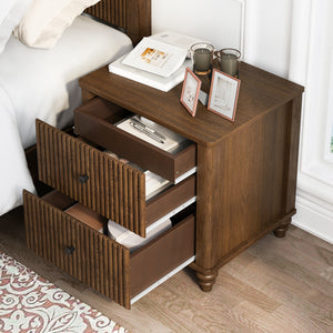 Fluted Nightstand, 21.65-Inch Wide with 3 Drawers, Mid Century Modern, Walnut
