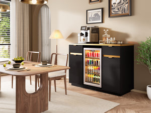 60-Inch Buffet Sideboard with Faux Marble Top, Fluted Cabinet, Mini Fridge Nook, Black