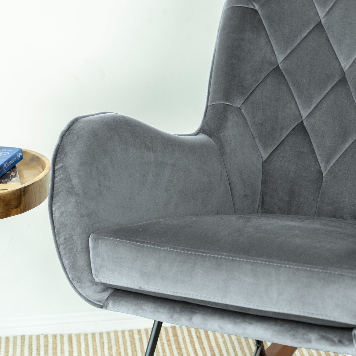 Mid Century Modern Rocking Chair with Velvet Upholstery - Dark Grey