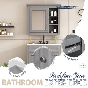 Bathroom Vanity With Top Sink, Freestanding Storage Cabinet With 2 Doors And 3 Drawers, Mirror Cabinet Included - Gray