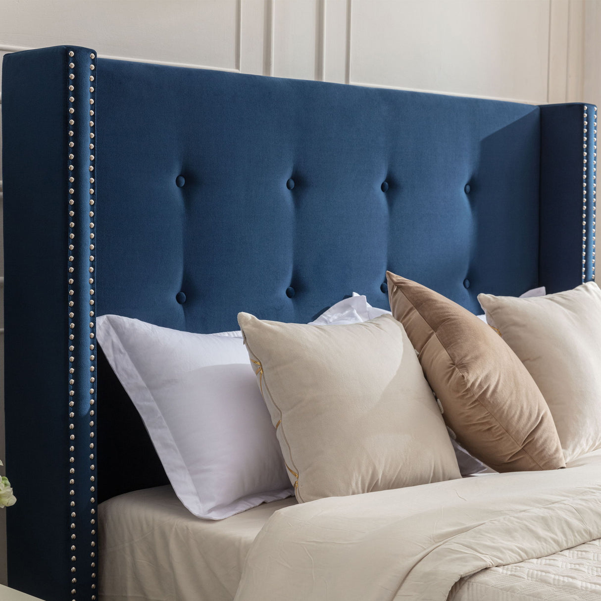 Peyton - Upholstered Bed With 54" High Headboard, Traditional Hand Buttoned Tufting