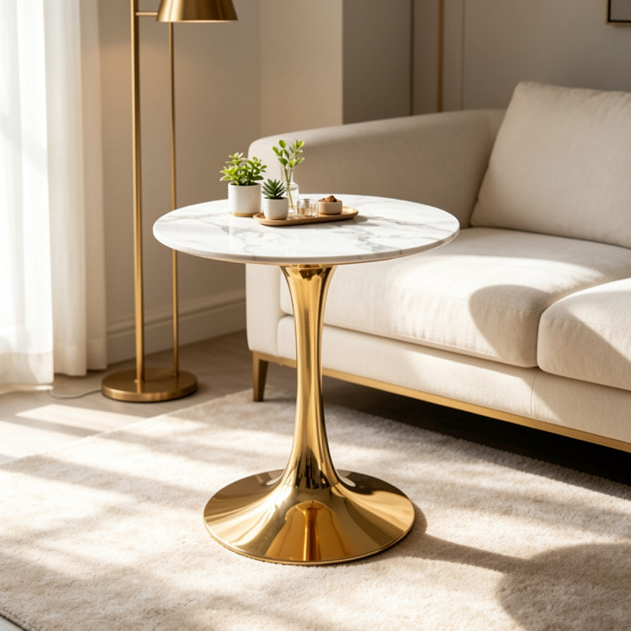 White Marble Tulip Dining Table with Golden Legs
