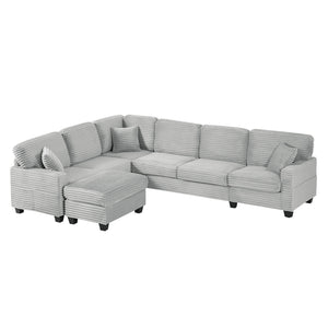 Upholstered U-Shaped Sectional Sofa With Movable Ottoman And Side Storage Pockets