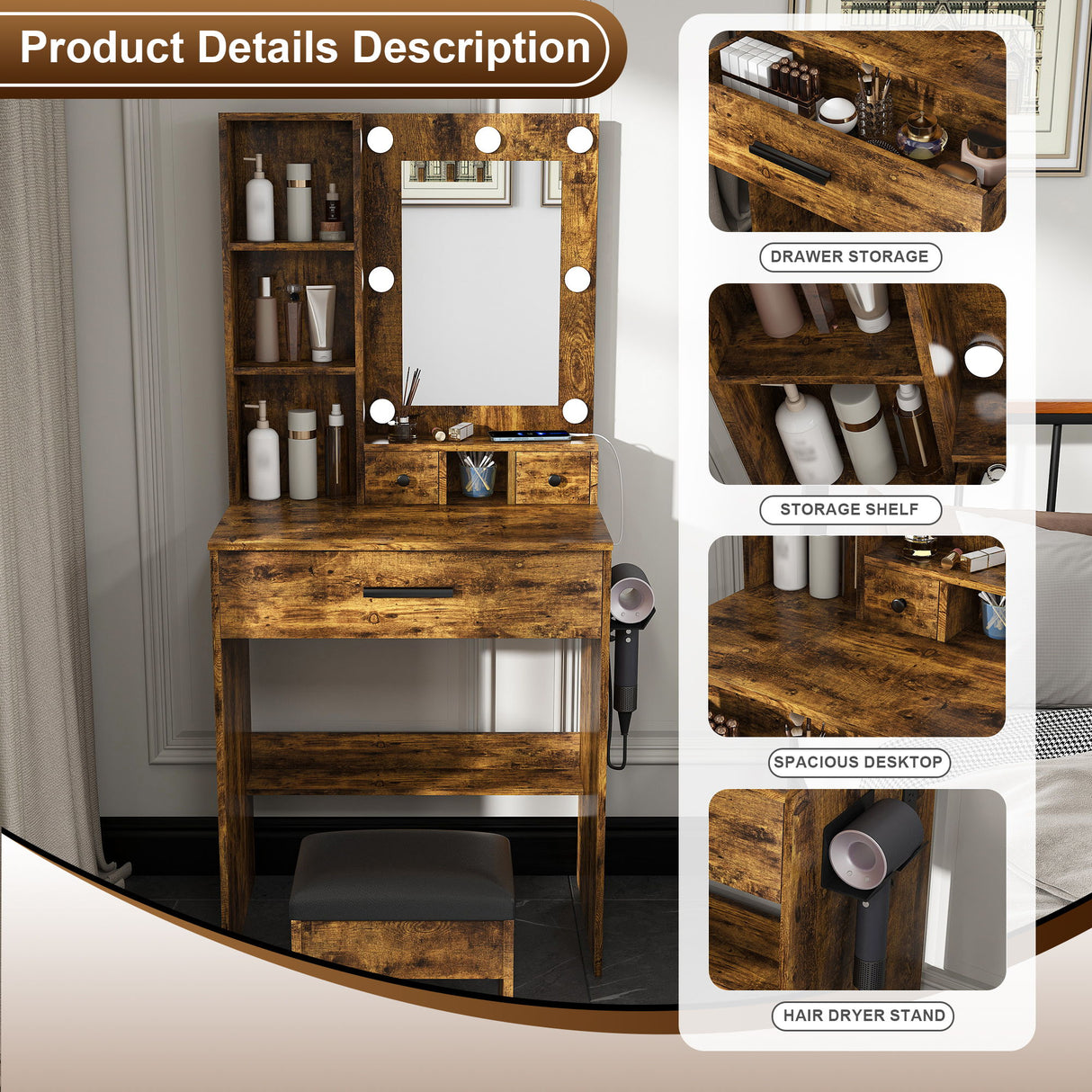 Vanity Table With Mirror, Adjustable LED Lights, Power Outlet, Hairdryer Holder & Stool