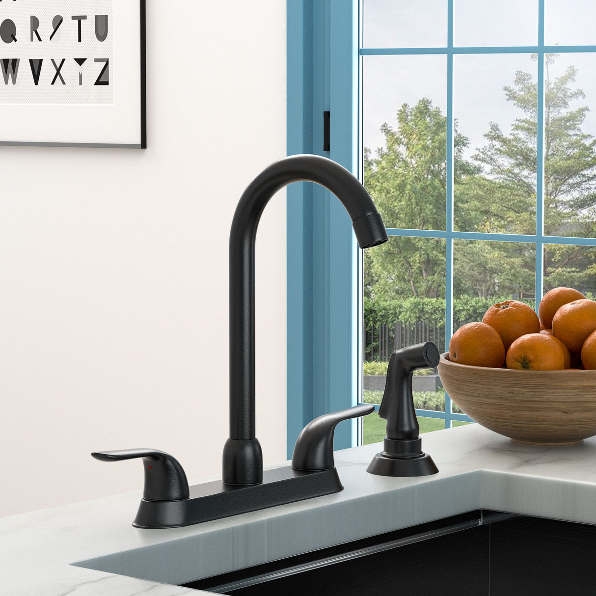 Kitchen Sink Faucet With 2 Handles And Pull Out Side Sprayer, 4 Hole Installation