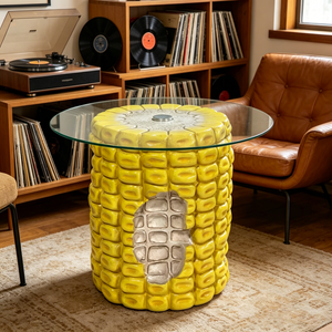 Corn Cob Side Table, 17.32-Inch High with Glass Top, Yellow