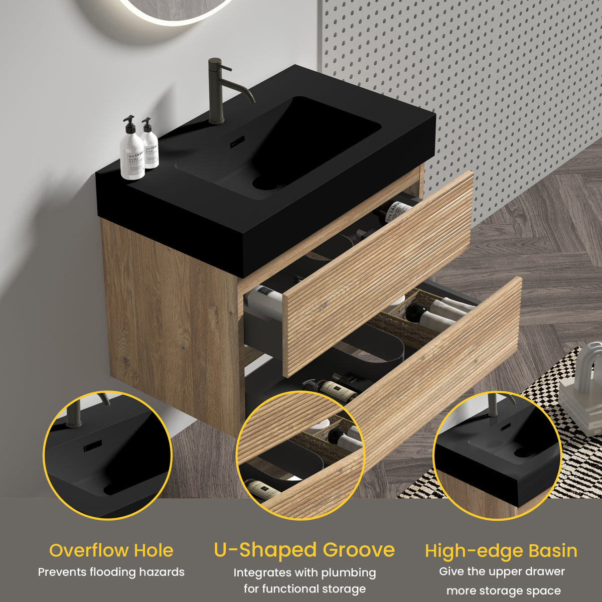 Grace 30-Inch Wall-Mounted Bathroom Vanity, Black and Oak with Soft-Close Drawers