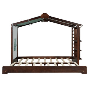 Twin Size House Bed with Trundle and Side Shelves - Pine & Plywood, White/Gray/Natural/Espresso