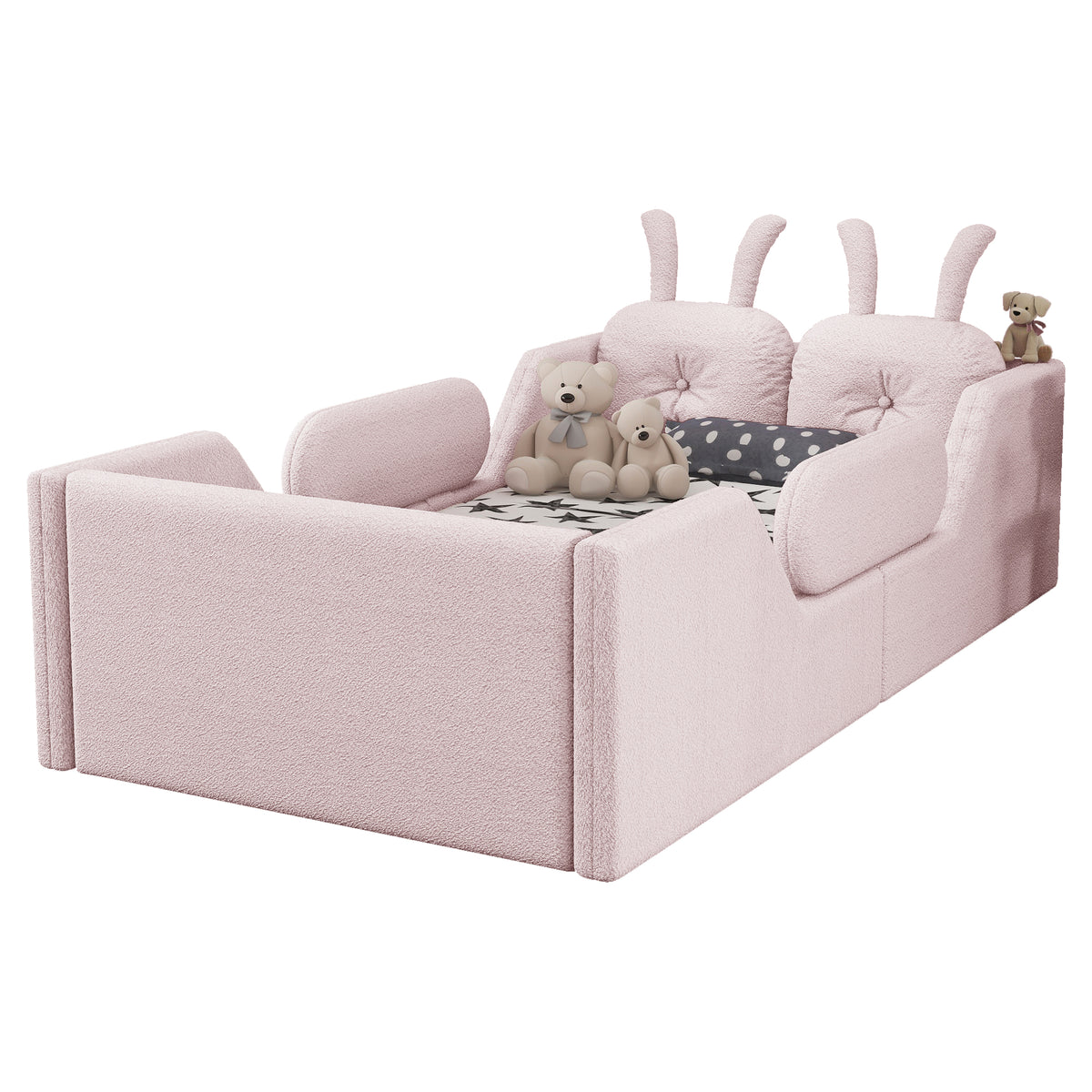 Twin Size Upholstered Platform Bed with Rabbit Cushion – Pink