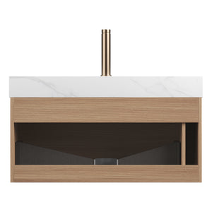 Nyah 36'' Bathroom Vanity & Sink, Floating Ultra-Slim Grille Plywood Cabinet, Drawer with Sensor Light, Carrara