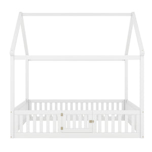 Wood House Bed With Fence And Door