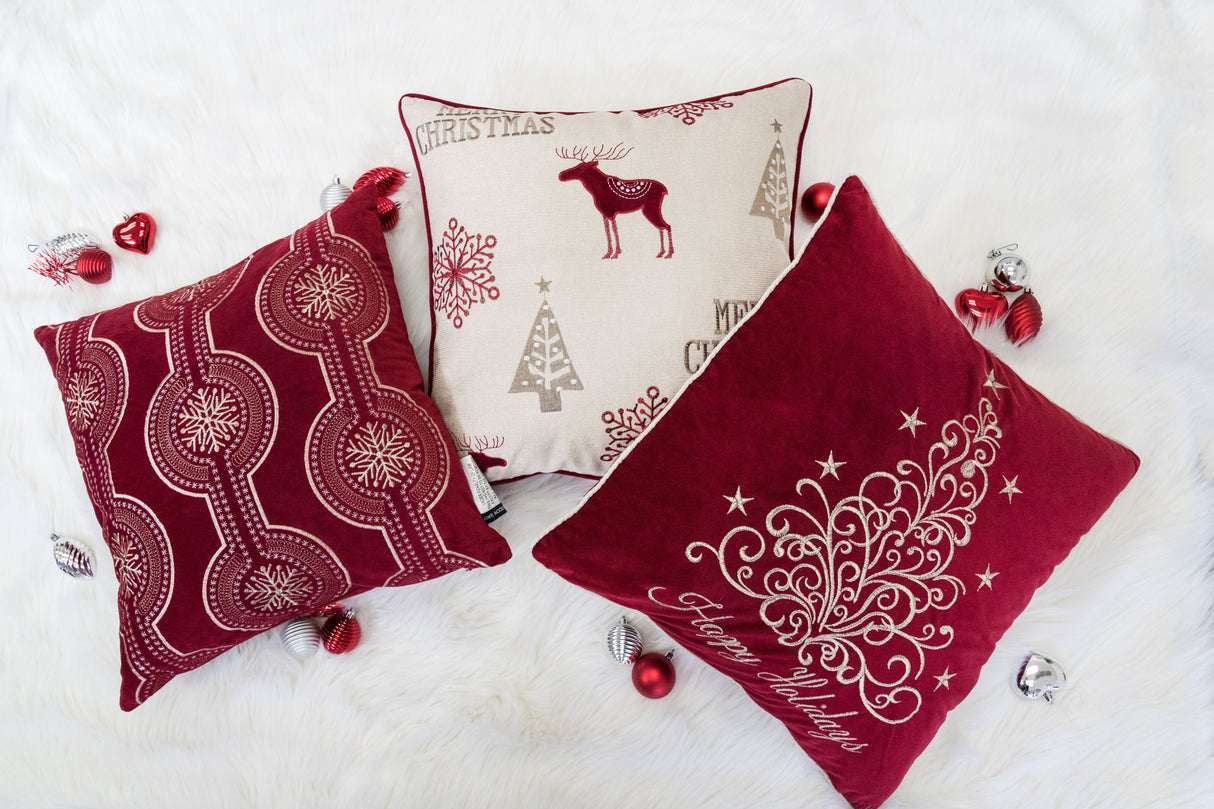 Happy Holidays Embroidered Velvet Throw Pillow