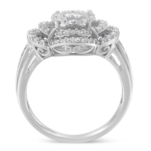 14K White Gold 1.0 Cttw Round & Baguette Cut Diamond Floral Cluster Quatrefoil Channel Set Band Cocktail Statement Ring (H-I Color, SI2-I1 Clarity) - Size 6-3/4