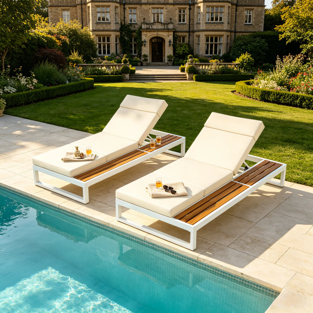 White Iron & Teak Finish Chaise Lounge Set: 1 Frame + 1 4-Fold