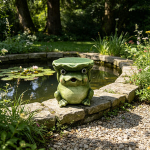 12'' Cute Frog Statue With Lotus Leaf Hat