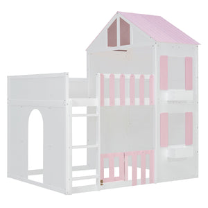 Full over Full House Bunk Bed with Storage - Pink