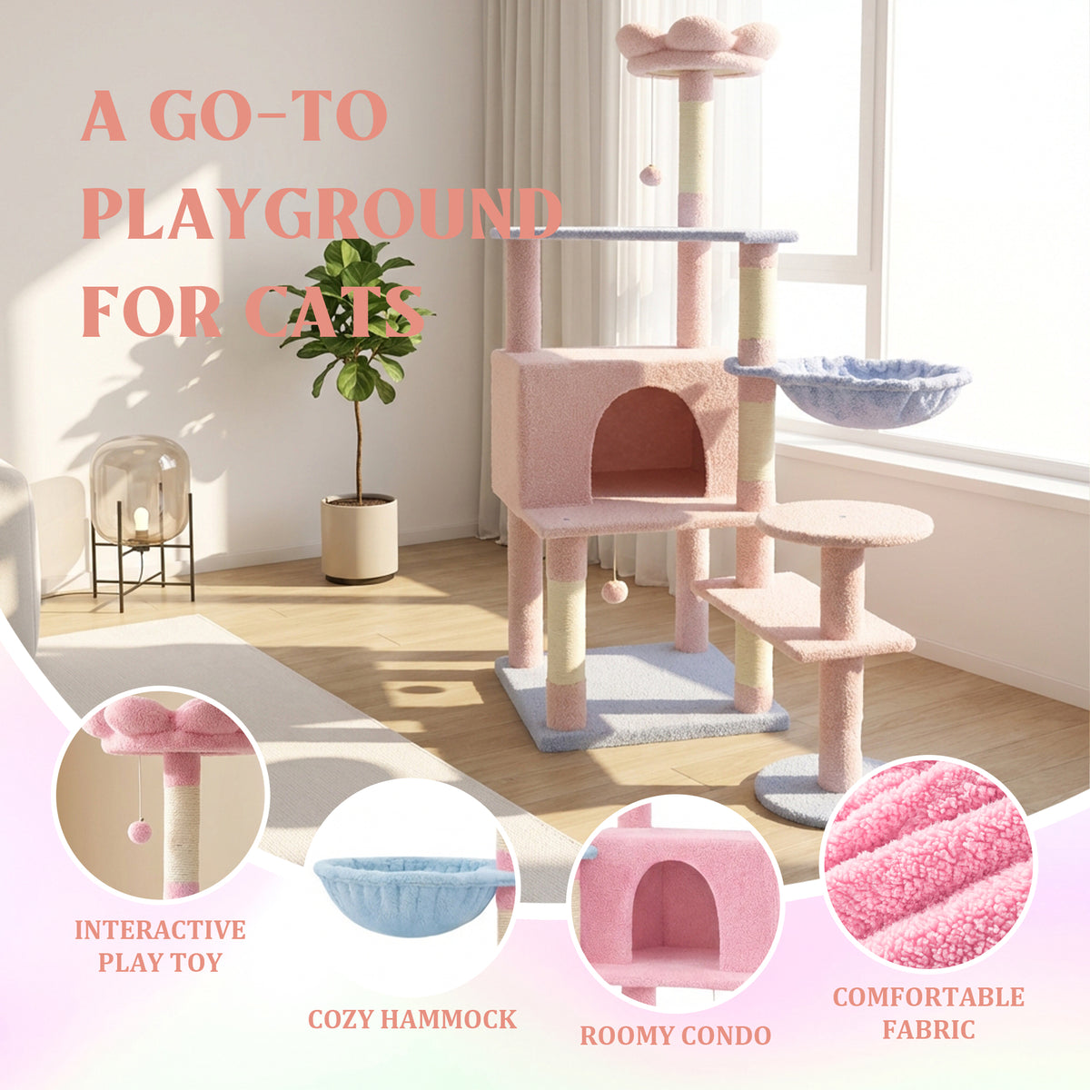 Flower Cat Tree with Large Condo, Removable Cushion and Hammock, 56-Inch, Pink