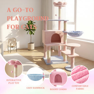 Flower Cat Tree with Large Condo, Removable Cushion and Hammock, 56-Inch, Pink