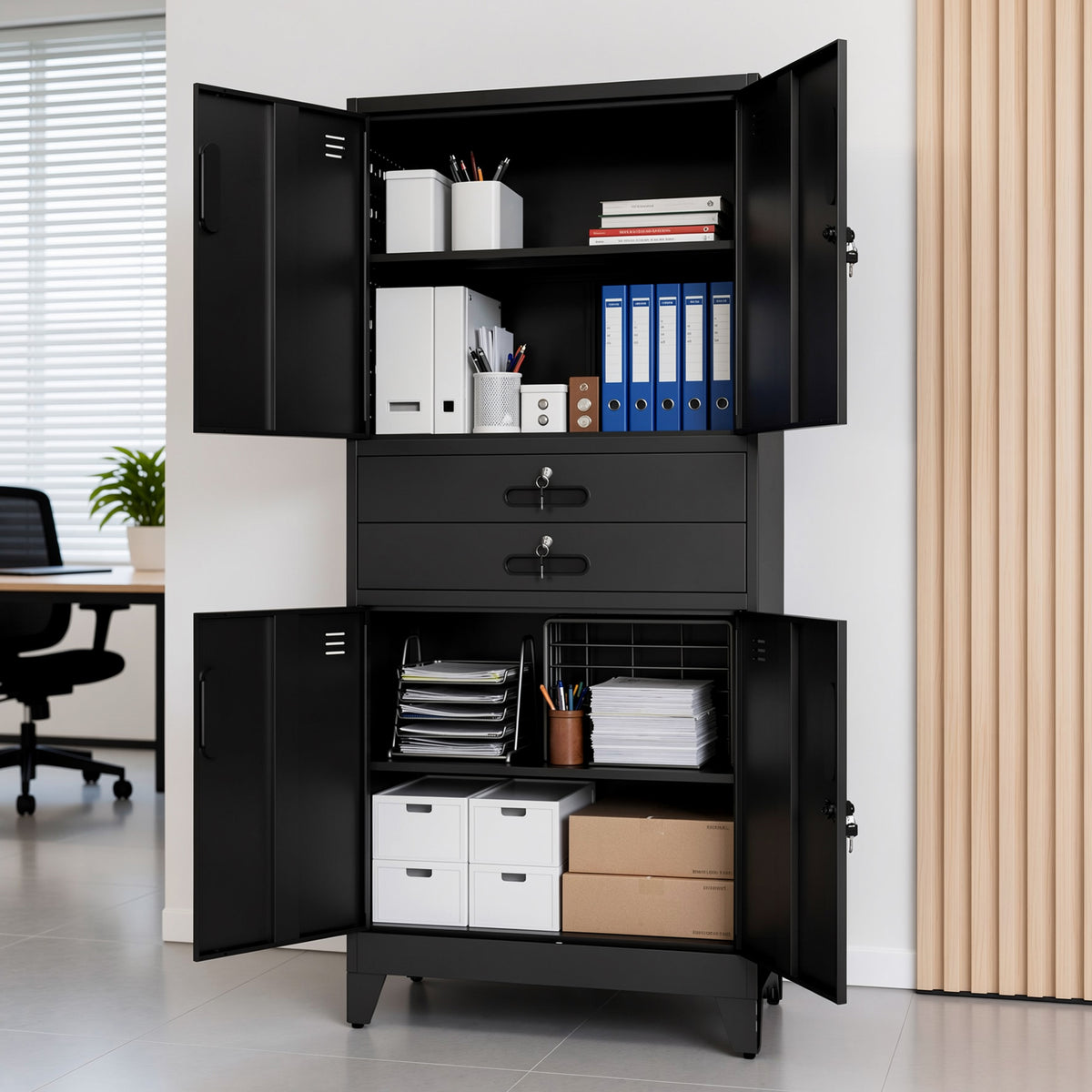 Tall Metal Storage Cabinet with Lockable Drawers and Hooks, 70.8 Inch, Black