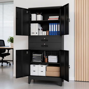 Tall Metal Storage Cabinet with Lockable Drawers and Hooks, 70.8 Inch, Black