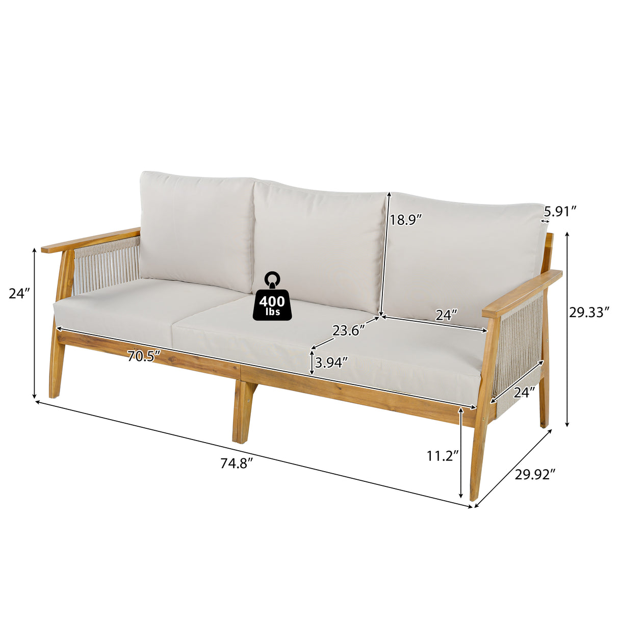 Outdoor Acacia Wood and Rope 3 Seater Patio Sofa