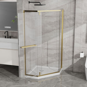 Goodyo - Neo-Angle Frameless Shower Door Corner Enclosure With Acrylic Shower Base Combo, Pivot Shower Door