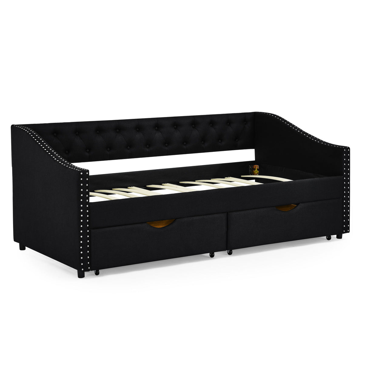 Upholstered Tufted Daybed With 2 Drawers, Waved Arms