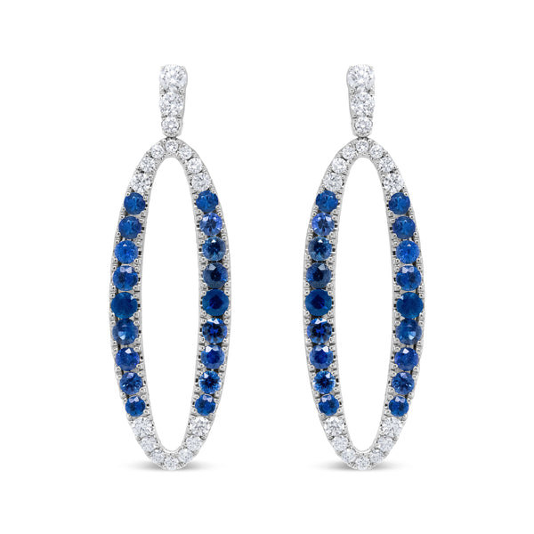 18K White Gold 1.11 Cttw Blue Round Diamond and Blue Sapphire Openwork Oval Shaped Dangle Earrings (F-G Color, VS1-VS2 Clarity)