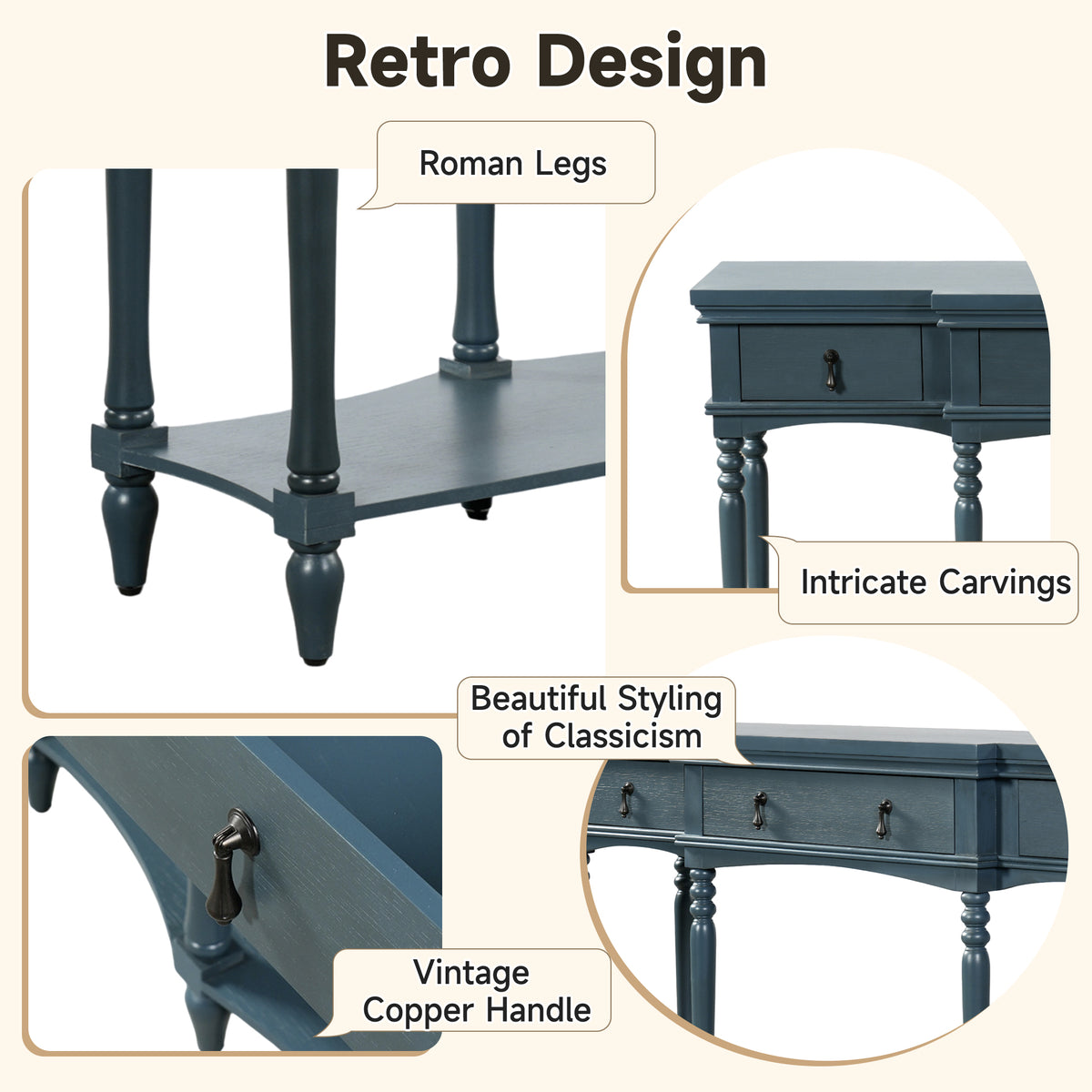 Traditional Retro Console Table with 3 Soft-Close Drawers & Bottom Shelf