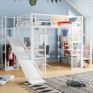 Loft Bed With Built In Desk, Open Wardrobe, Basketball Hoop, Slide And Staircase