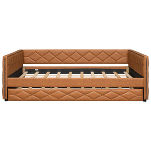 Upholstered Full Long Daybed With Trundle And LED Armrests - Brown