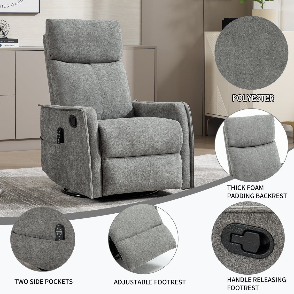 Heat Massage Manual Recliner Chair with Rocker and Swivel