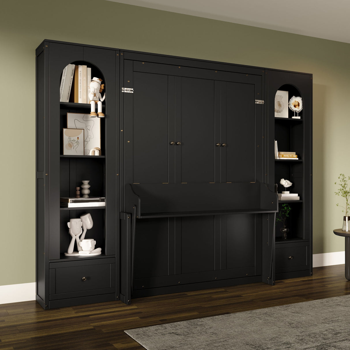 French Style Murphy Platform Bed With Shelf, Side Cabinets, Drawers And LED